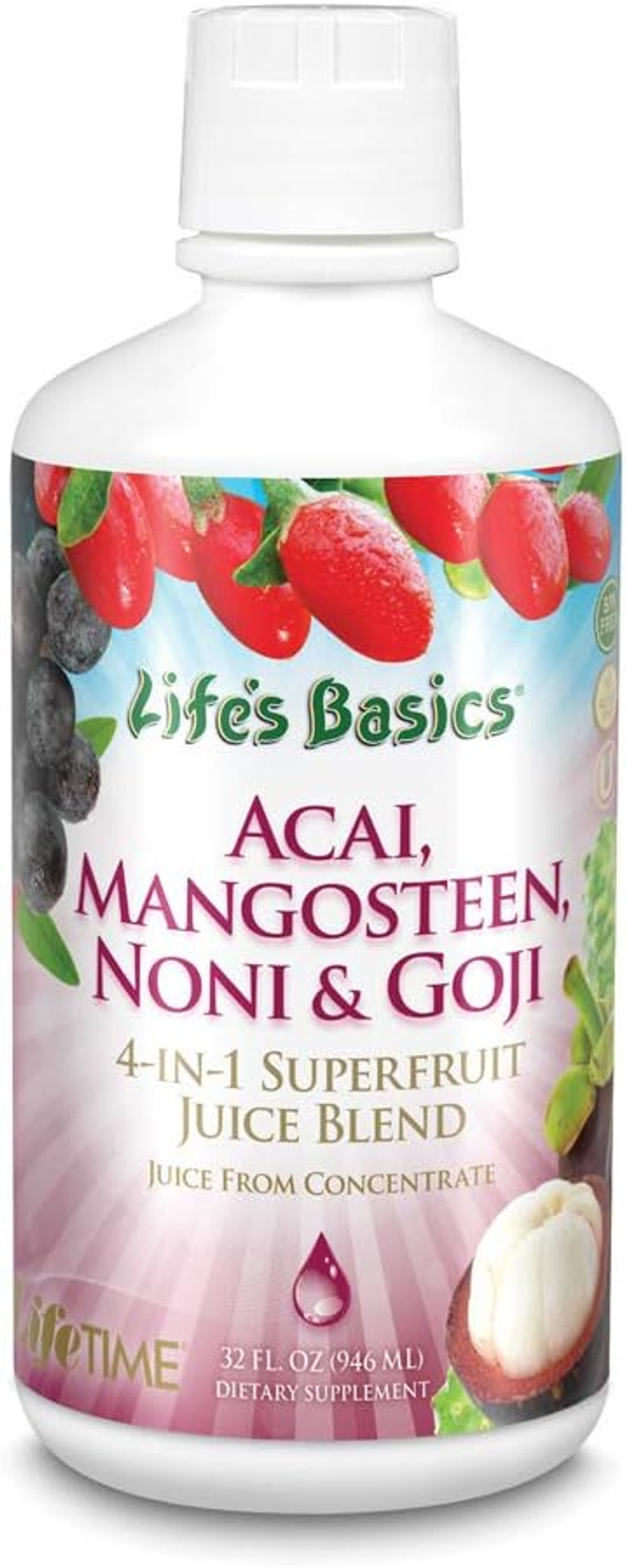 Lifetime Acai, Mangosteen, Noni & Goji Superfruit Juice Blend | Dynamic Antioxidant, No Gluten | For Healthy Circulation & Immunity | 32 Fl Oz