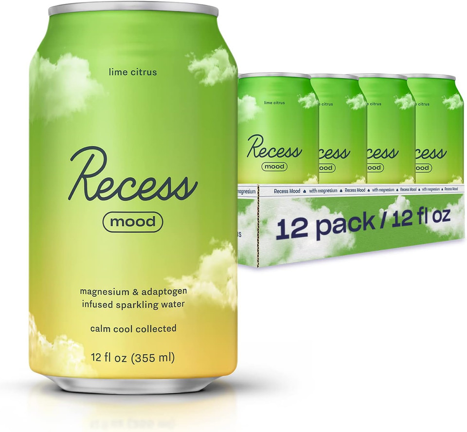 Recess Mood Magnesium Supplement Drink Calming Beverage, 12 Ounce, Pack Of 12 (Lime Citrus, 12 Pack)