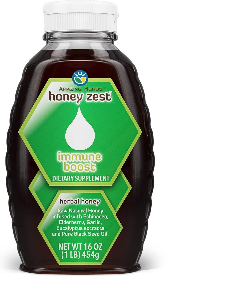 Amazing Herbs Raw Natural Honey - Herbal Honey Infused With Echinacea, Elderberry, Garlic, Eucalyptus Extracts & Pure Black Seed Oil, Non Gmo, Gluten Free - Honeyzest Immune Boost, 16 Fl Oz