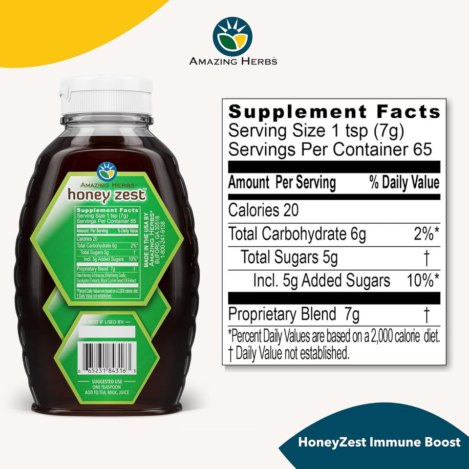 Amazing Herbs Raw Natural Honey - Herbal Honey Infused With Echinacea, Elderberry, Garlic, Eucalyptus Extracts & Pure Black Seed Oil, Non Gmo, Gluten Free - Honeyzest Immune Boost, 16 Fl Oz