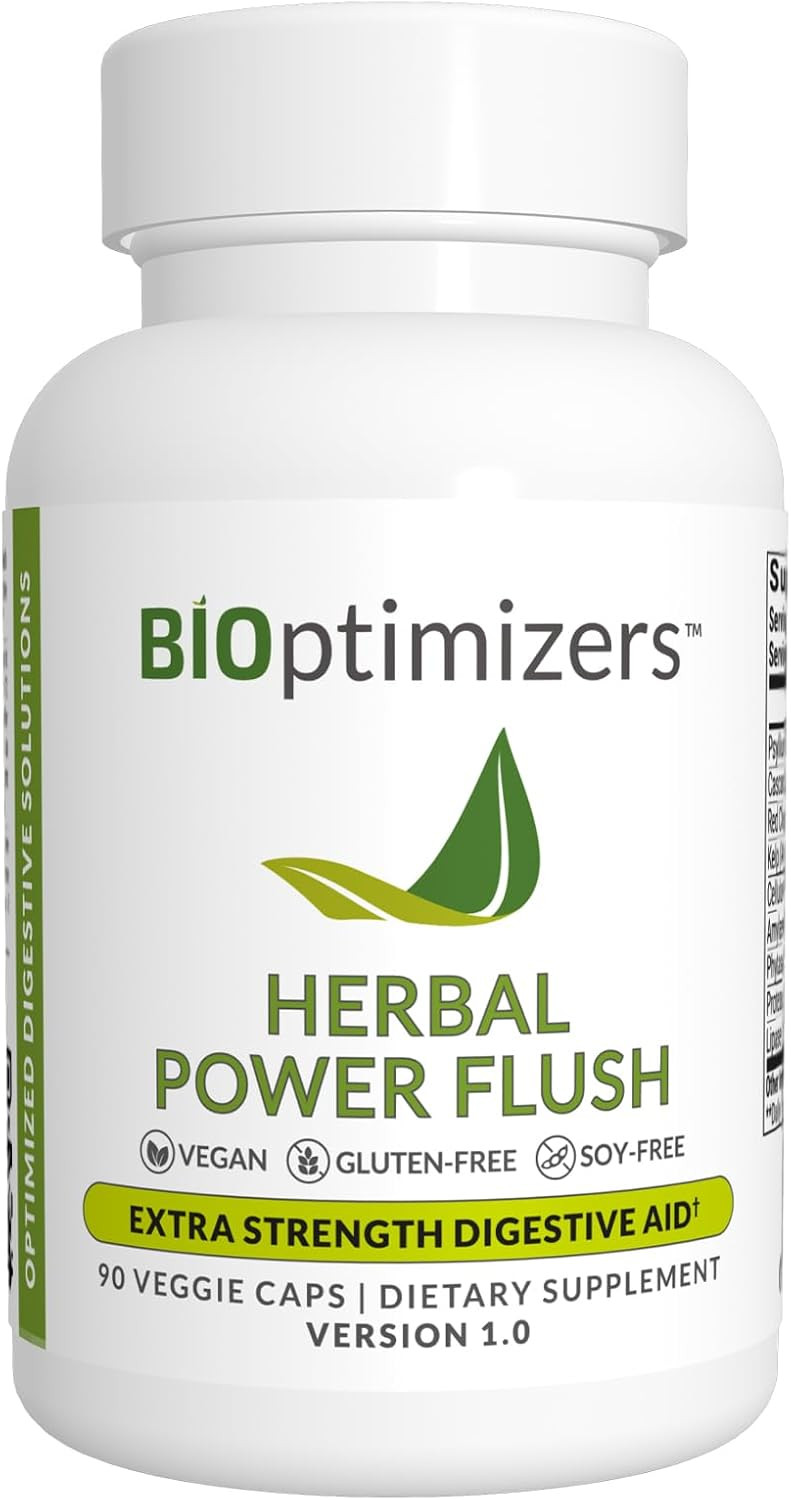Bioptimizers Herbal Power Flush - Extra Strength Digestive Cleanse - Eliminate Toxins Improve Bowel Digestion - Bloating Discomfort Relief For Adults - 90 Capsules