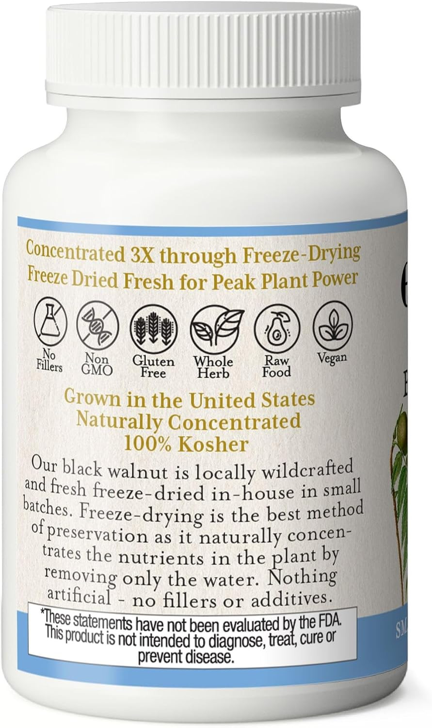 Eclectic Institute Raw Fresh Freeze-Dried Non-Gmo Black Walnut | Intestinal Support, Detox & Cleanse | 90 Ct (400 Mg)