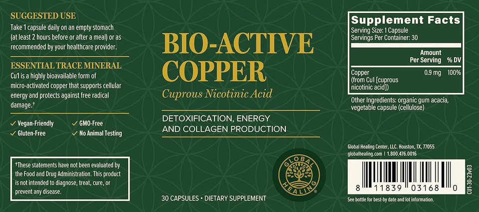 Global Healing Bio-Active Copper Supplement Cu1 - Cuprous Nicotinic Acid Helps Detox Body From Within - Supports Immune System & Red Blood Cell - Niacin Vitamin B3 Chelated Copper - 30 Capsules