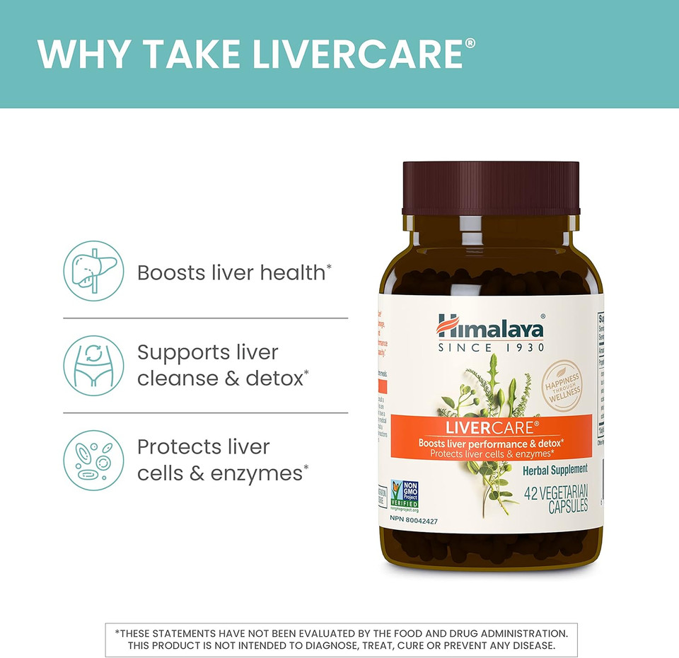 Himalaya Livercare For Total Liver Support, Cleanse And Detox, Protects Cells & Enzymes, 375 Mg, 42 Capsules, 3 Week Supply