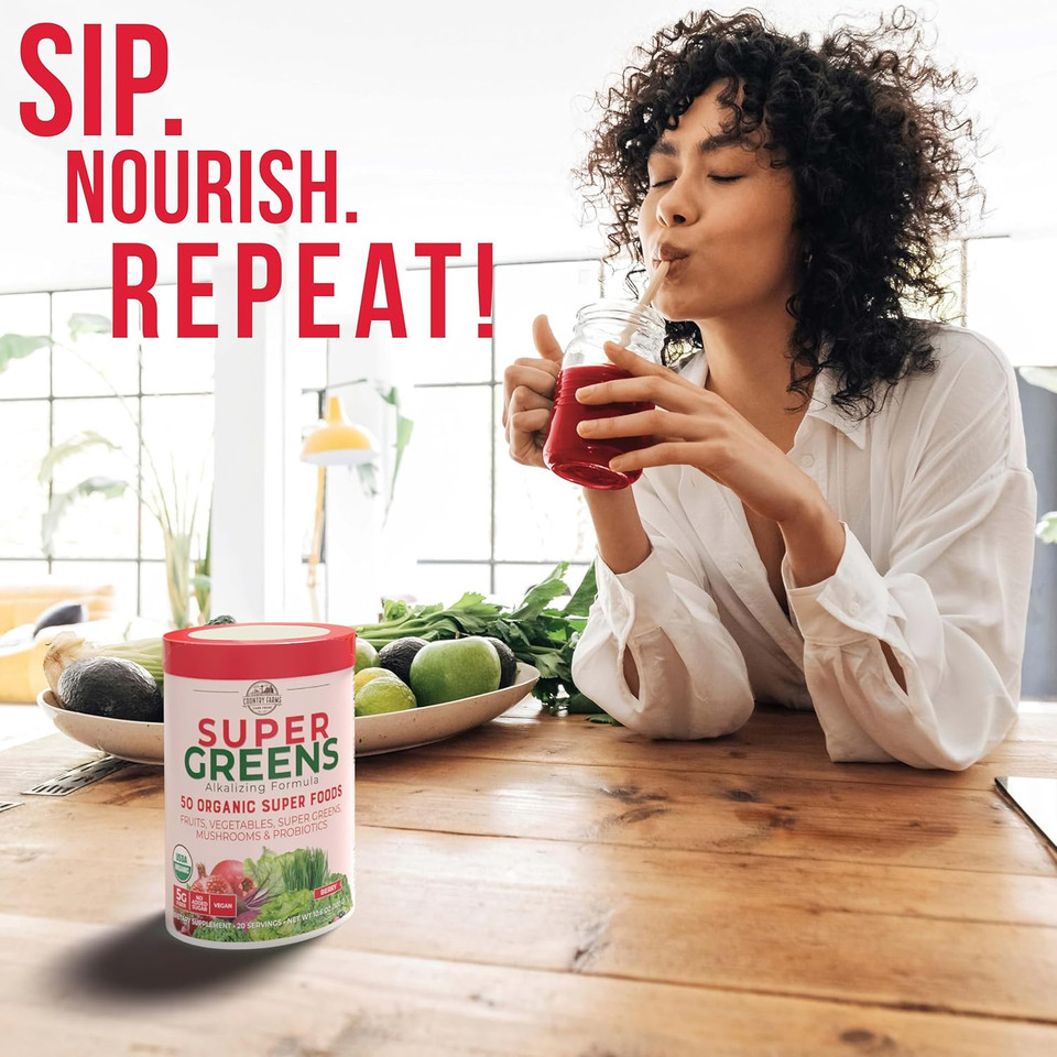 Country Farms Super Greens Berry Flavor, 50 Organic Super Foods, Usda Organic Drink Mix, Fruits, Vegetables, Super Greens, Mushrooms & Probiotics, Supports Energy, 20 Servings, 10.6 Oz