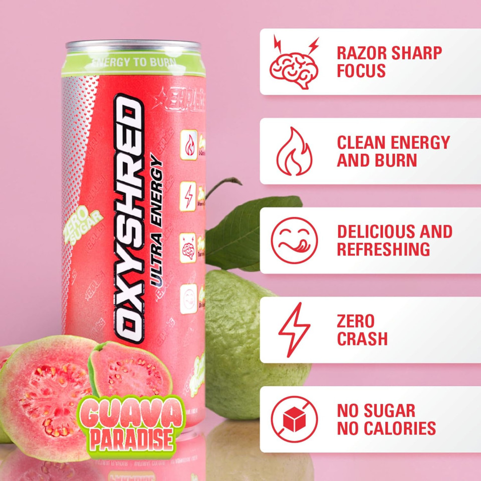 Ehplabs Oxyshred Energy Drink, Sugar Free Drinks With Green Tea Extract, Vitamin C & L Carnitine For Clean Caffeine, Weight & Health Support, Zero Calorie Coffee Alternative - Guava Paradise, 12 Pack