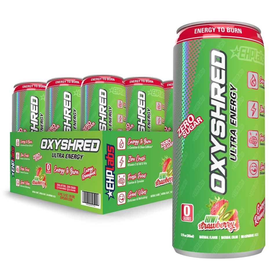 Ehplabs Oxyshred Ultra Healthy Energy Drink, Sugar Free Energy Drink With Amino Acids, Green Tea Extract, Vitamin C & L Carnitine, Carb Free, Calorie Free, Natural Caffeine, Kiwi Strawberry (12-Pack)