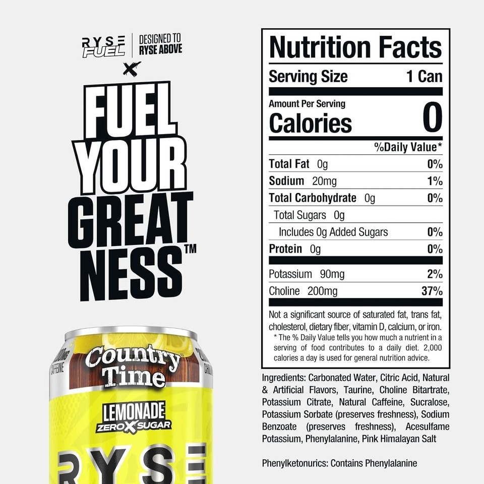 Ryse Fuel Sugar Free Energy Drink | Vegan Friendly, Gluten Free | No Fillers & No Artificial Colors | 0 Calories | 200Mg Natural Caffeine | 12 Pack (Country Time Lemonade)