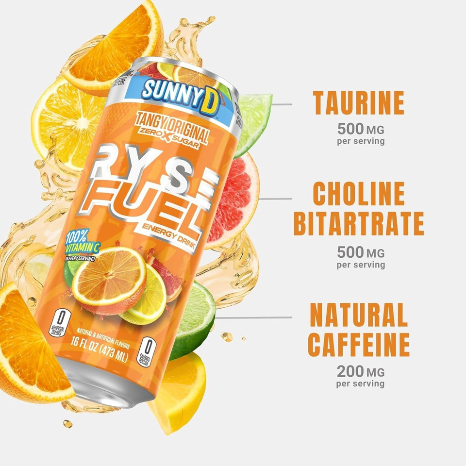 Ryse Fuel Sugar Free Energy Drink | Vegan Friendly, Gluten Free | No Fillers & No Artificial Colors | 0 Calories | 200Mg Natural Caffeine | 12 Pack (Sunny D Tangy Original)