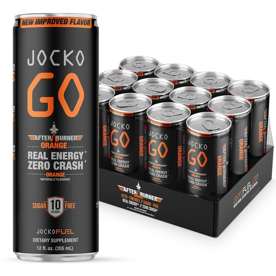 Jocko Go Energy Drink - Keto, Vitamin B12, Vitamin B6, Electrolytes, L Theanine, Magnesium- All Natural Energy Boost, Sugar Free Nootropic Monk Fruit Blend - 12 Pack (Orange Flavor)