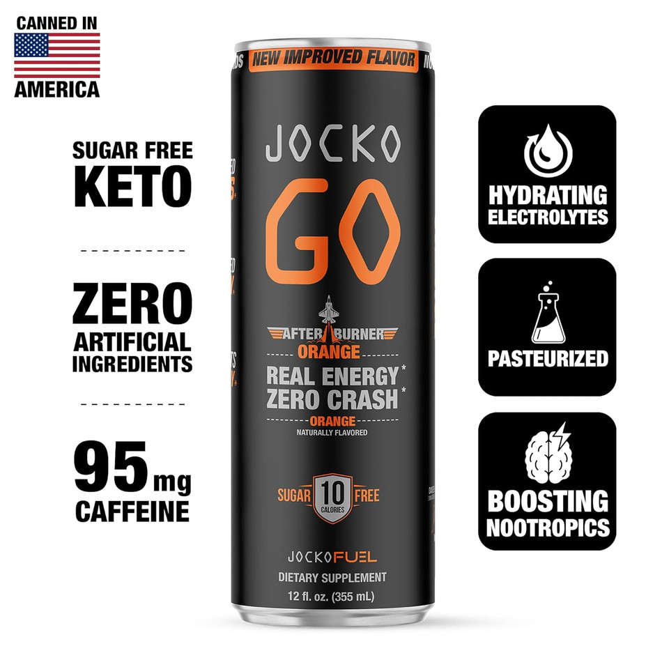 Jocko Go Energy Drink - Keto, Vitamin B12, Vitamin B6, Electrolytes, L Theanine, Magnesium- All Natural Energy Boost, Sugar Free Nootropic Monk Fruit Blend - 12 Pack (Orange Flavor)