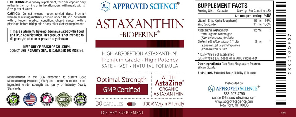 Approved Scienceã¢Â® Astaxanthin 12 Mg - Extra Strength Antioxidant - Supports Heart, Eyes, Joints, Skin - 30 Vegan Capsules - 1 Month Supply Approved Scienceã¢Â® Astaxanthin 12 Mg - Extra Strength Antioxidant - Supports Heart, Eyes, Joints, Skin - 30 Vegan Capsules - 1 Month Supply
