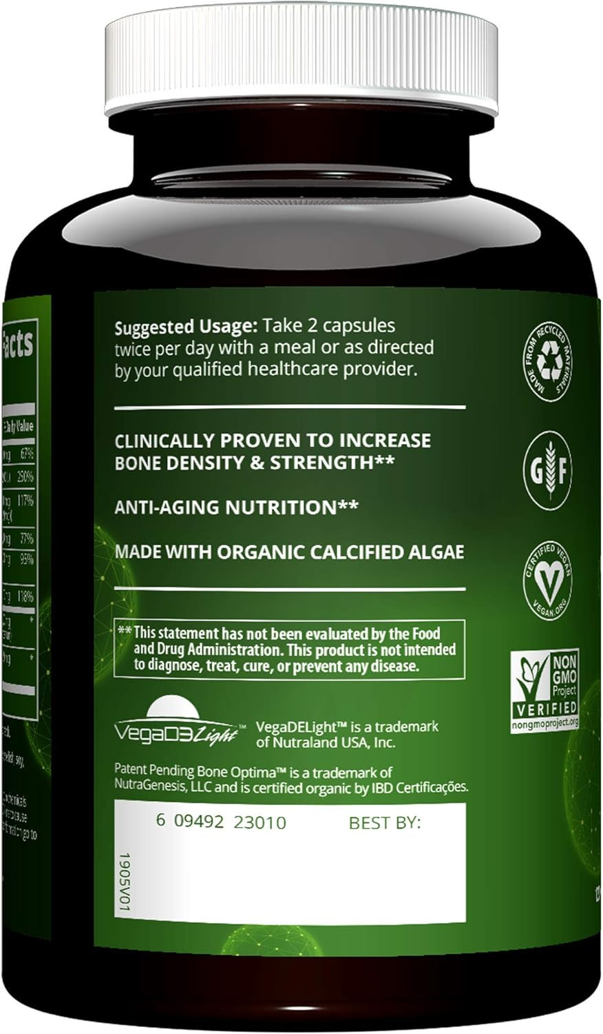 Mrm Nutrition Vegan Bone Maximizer | Bone Strength + Density | Organic Certified Algae | With Vitamin K2 + D3 | Clinically Proven | Anti-Aging Nutrition | Gluten-Free | 30 Servings