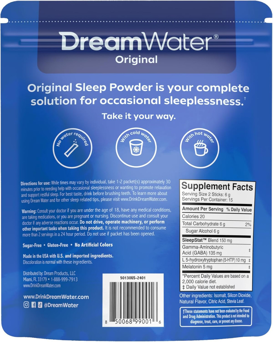 Dream Water Sleep Aid Powder; Melatonin 5Mg, Gaba, 5-Htp; Natural Flavors; Helps You To Fall Asleep, Fast, And Wake Refreshed; Snoozeberry, 30-Count