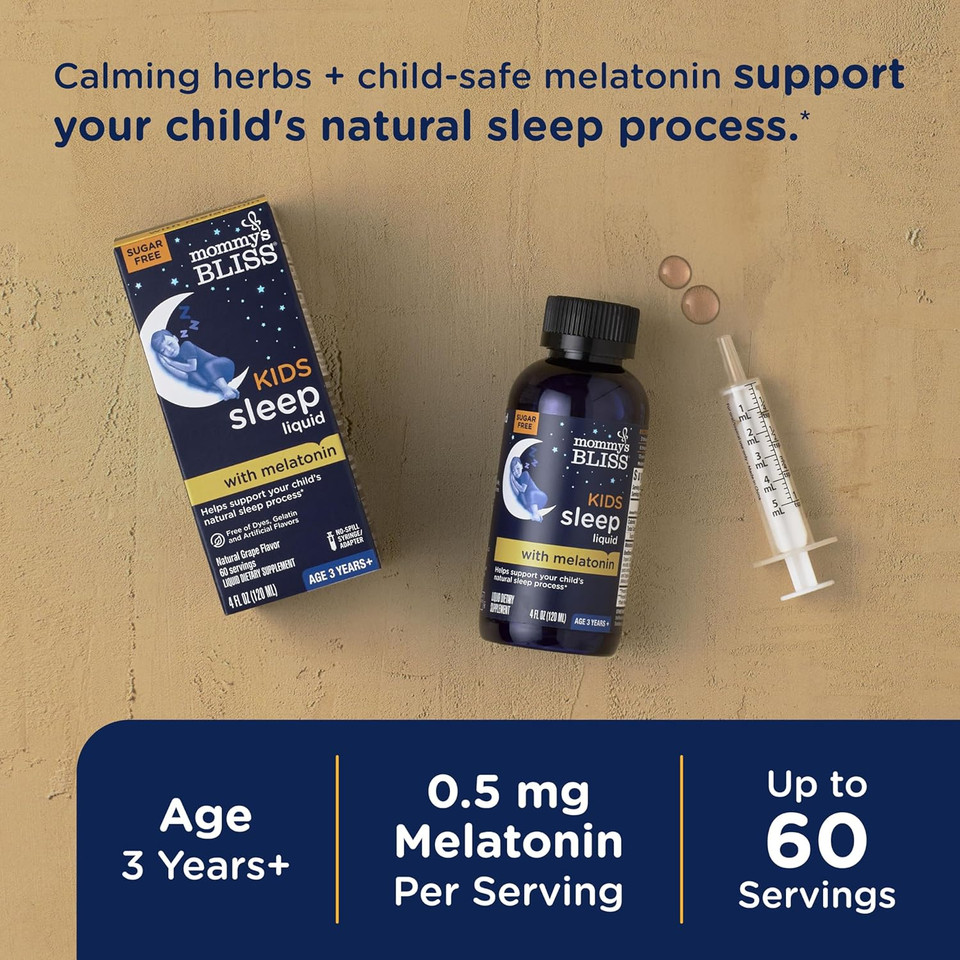 Mommy'S Bliss Kids Sleep Liquid With Melatonin & Calming Herbs | Supports The Natural Sleep Process For Children 3 Years & Up | Grape Flavor | Sugar Free| 4 Fl Oz (60 Servings)