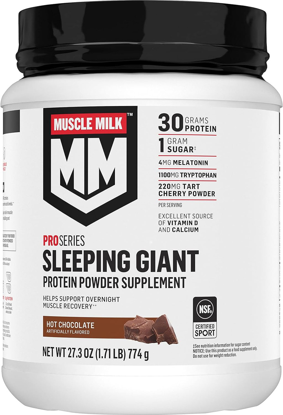 Muscle Milk Pro Series Sleeping Giant Protein Powder Supplement, Hot Chocolate, 1.71 Pound, 18 Servings, 30G Protein, Overnight Muscle Recovery, 1G Sugar, Melatonin, Tryptophan, Packaging May Vary