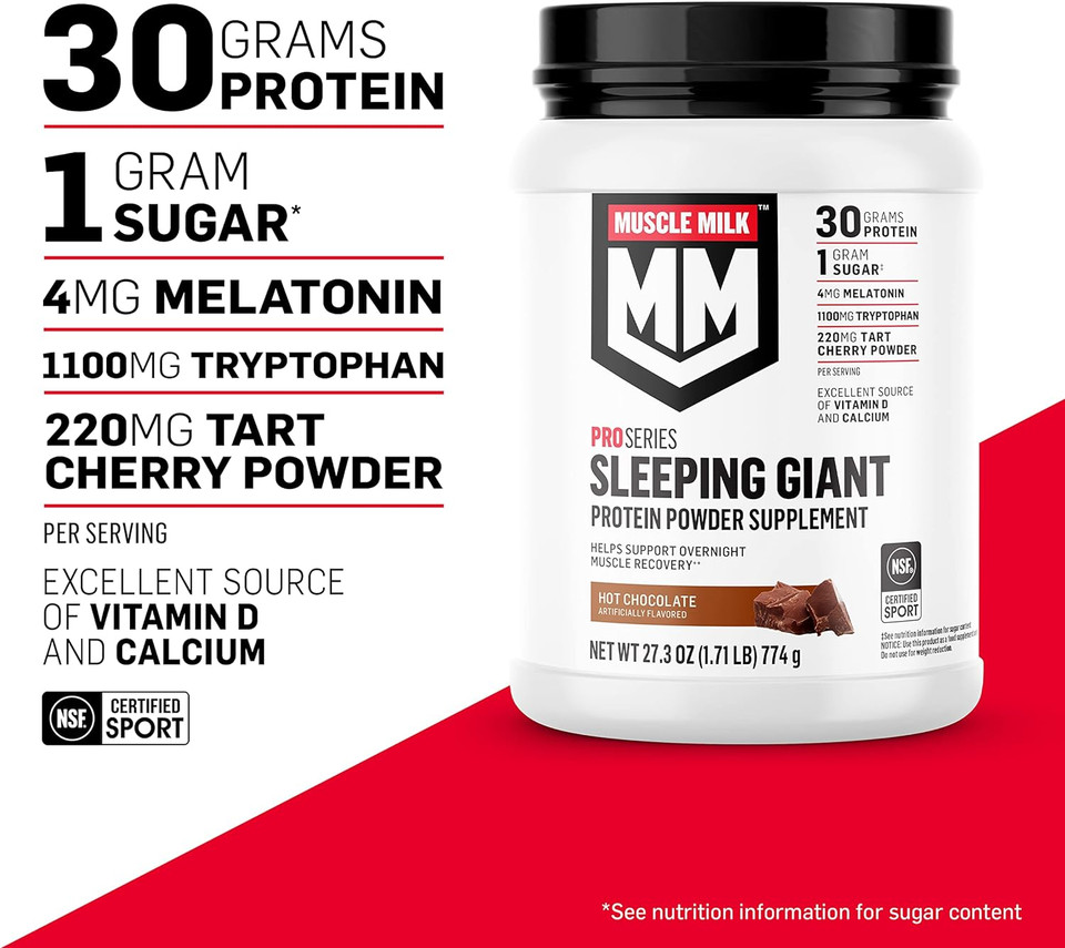 Muscle Milk Pro Series Sleeping Giant Protein Powder Supplement, Hot Chocolate, 1.71 Pound, 18 Servings, 30G Protein, Overnight Muscle Recovery, 1G Sugar, Melatonin, Tryptophan, Packaging May Vary