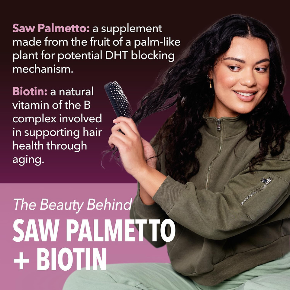 Saw Palmetto For Women + 5000 Mcg Biotin Supplement | Dht Blocker Hair Health Vitamins | Supports Stronger Appearance Of Hair For Women Post-Partum | 60 Vegan Dht Saw Palmetto For Woman Supplement