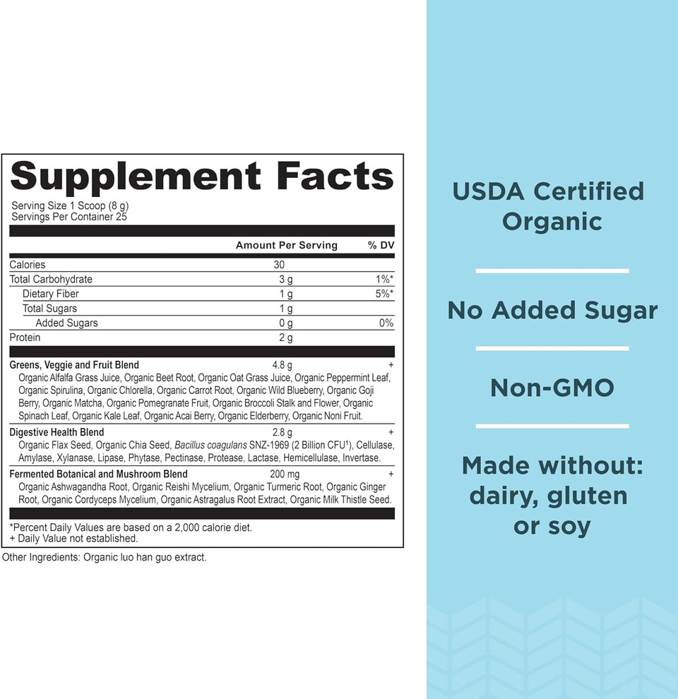 Ancient Nutrition Super Greens Powder, Organic Superfood Powder With Probiotics Made With Spirulina, Chlorella, Matcha, And Digestive Enzymes, 25 Servings, 7.5Oz