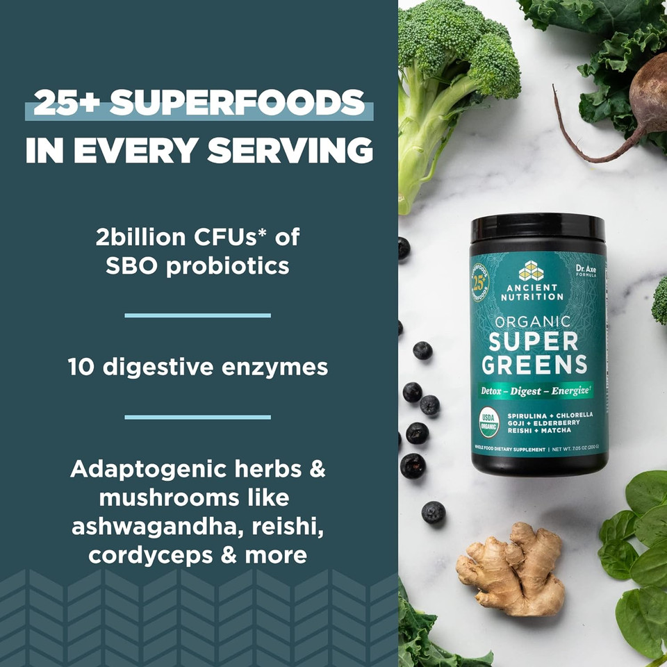 Ancient Nutrition Super Greens Powder, Organic Superfood Powder With Probiotics Made With Spirulina, Chlorella, Matcha, And Digestive Enzymes, 25 Servings, 7.5Oz