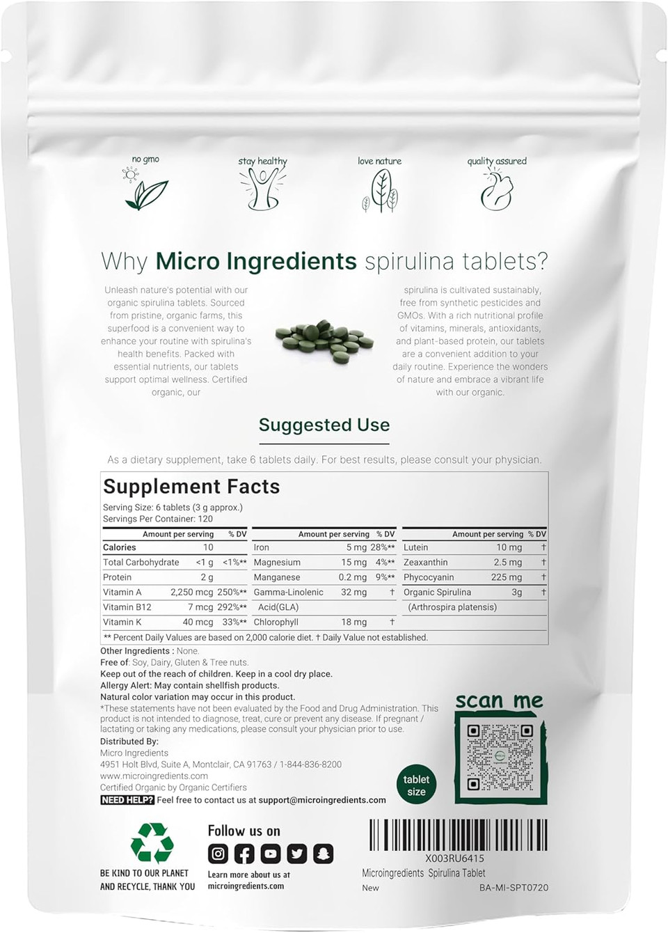 Micro Ingredients Organic Spirulina Supplement, 3000Mg Per Serving, 720 Tablets (4 Month Supply), No Filler & Non-Gmo, Rich In Vegan Protein, Vitamins & Prebiotics, Premium Spirulina Pills