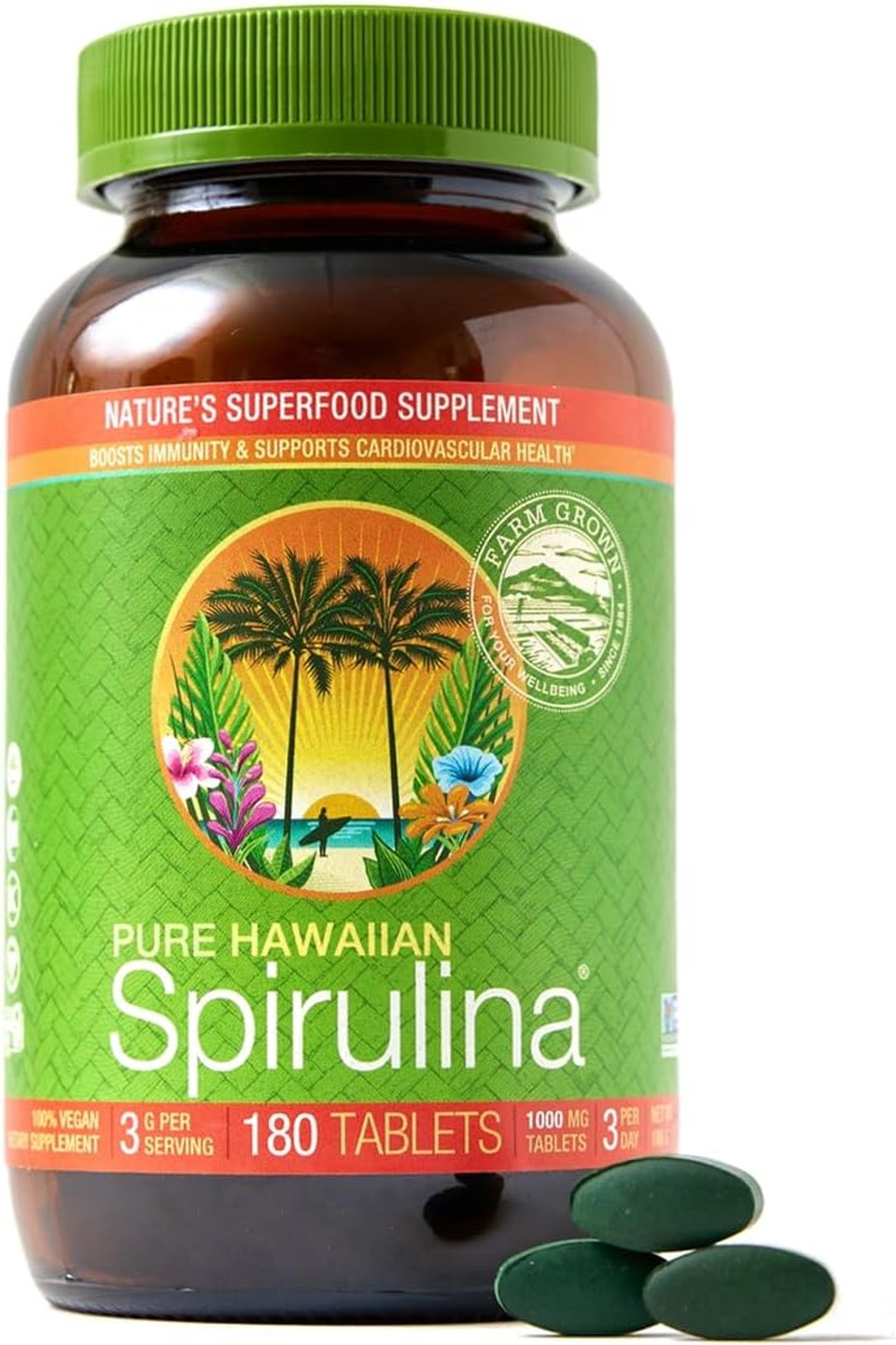 Nutrex Hawaii, Pure Hawaiian Spirulina - 1000 Mg Tablets - Hawaiian Grown Natural, Nutrient Rich Superfood - Immune Support, Detox & Energy  Vegan Complete Protein, Non-Gmo, Original, 180 Count