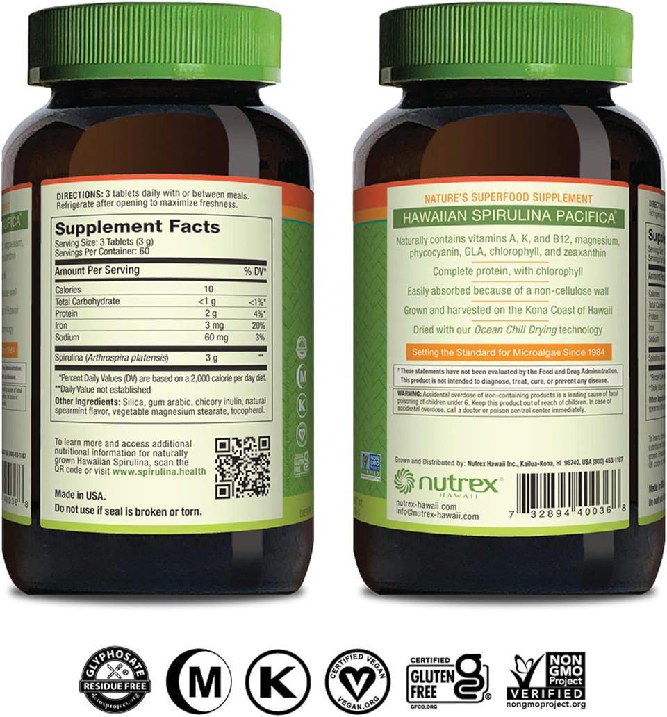 Nutrex Hawaii, Pure Hawaiian Spirulina, 1000 Mg Spearmint Tablets, 180 Count, Vegan, Supports Immune System, Heart, Cells And Energy