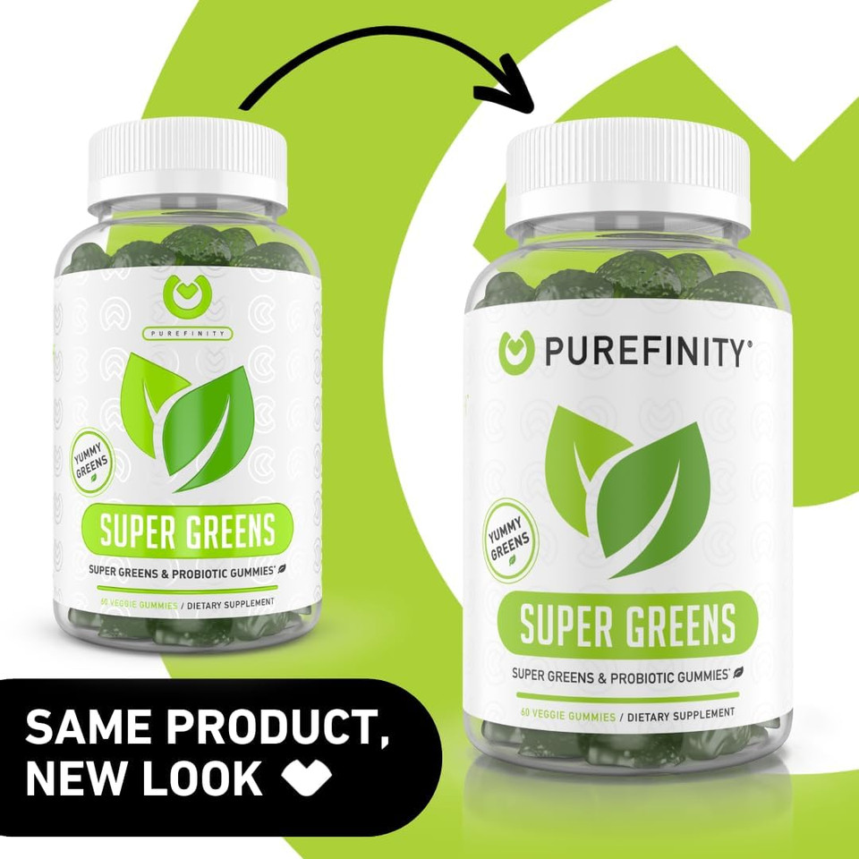 Purefinity Super Greens Gummies  Daily Supergreens With Spirulina, Alfalfa, Spinach, Broccoli, Beet Root, Acai, Digestive Enzymes, Prebiotics & Probiotics  Natural Raspberry Flavor  60 Gummies