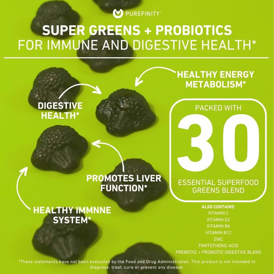 Purefinity Super Greens Gummies  Daily Supergreens With Spirulina, Alfalfa, Spinach, Broccoli, Beet Root, Acai, Digestive Enzymes, Prebiotics & Probiotics  Natural Raspberry Flavor  60 Gummies