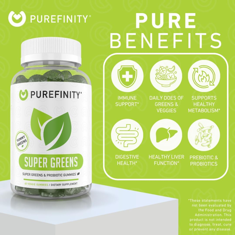 Purefinity Super Greens Gummies  Daily Supergreens With Spirulina, Alfalfa, Spinach, Broccoli, Beet Root, Acai, Digestive Enzymes, Prebiotics & Probiotics  Natural Raspberry Flavor  60 Gummies