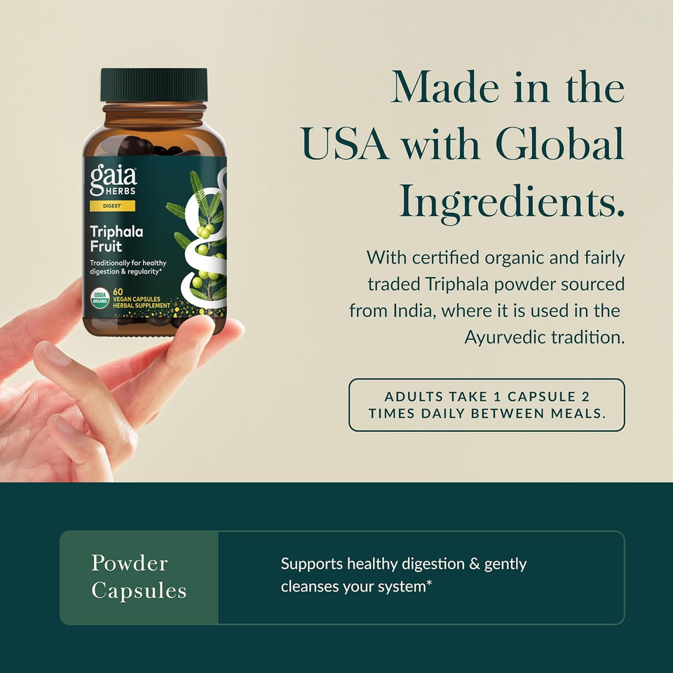 Gaia Herbs Triphala Fruit - Supports Digestive Health - Gently Cleanses Your System* - With Amla Fruit, Belleric Myrobalan, And Chebulic Myrobalan - 60 Vegan Capsules (30-Day Supply)