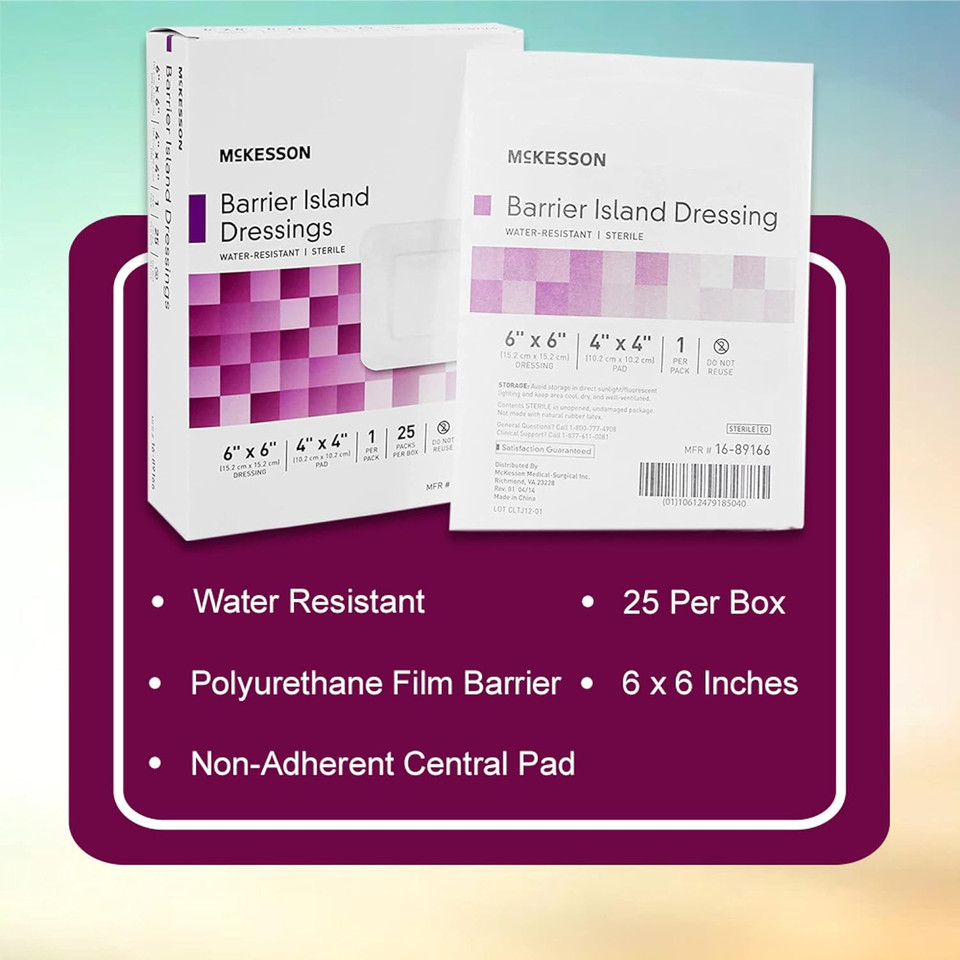 Mckesson Barrier Island Dressing, Sterile, Water-Resistant, 6 In X 6 In, 25 Count, 4 Packs, 100 Total6 X 6 Inch ( 100 Ct)