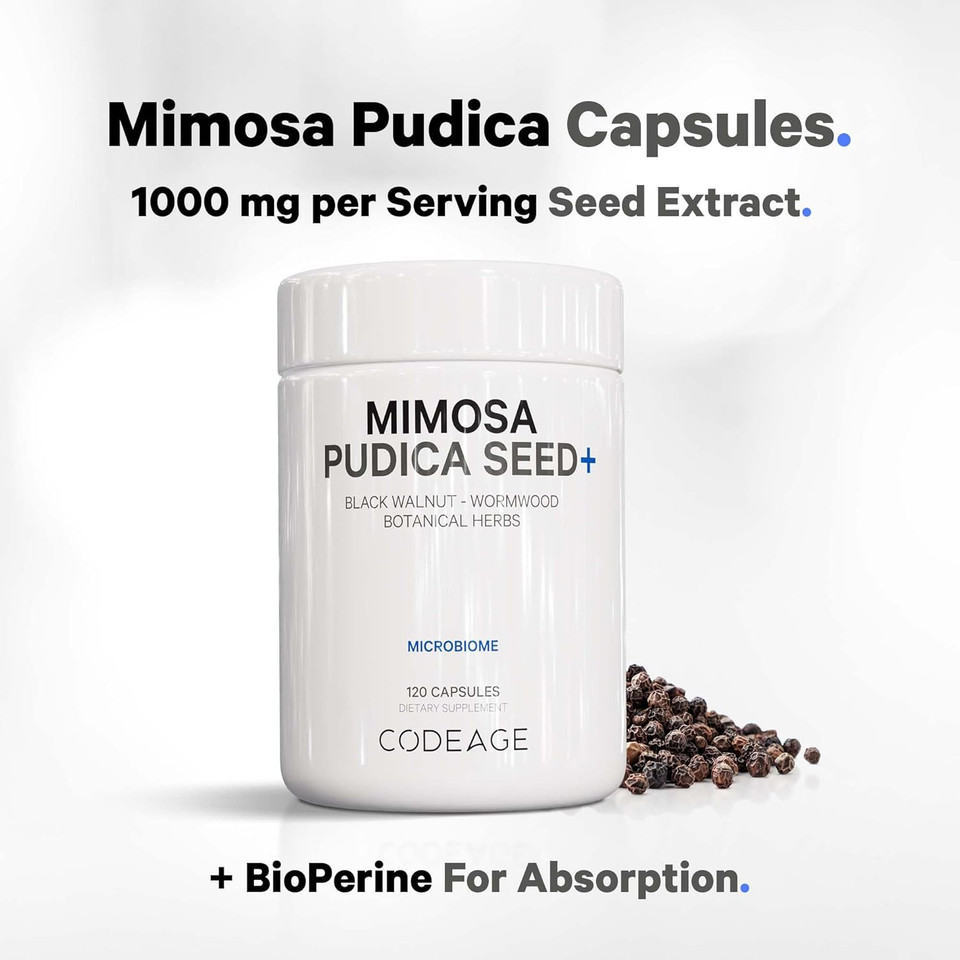 Codeage Organic Mimosa Pudica Seed Capsules - Mimosa Pudica Seeds Supplement - Black Walnut, Cloves, Vidanga, Neem, Bioperine - All In One - Sensitive Plant Pills - Non-Gmo & Vegan - 120 Capsules