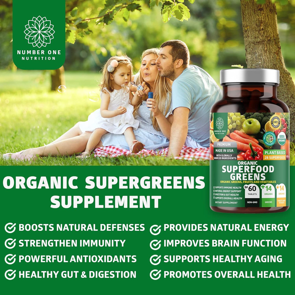 N1N Premium Organic Superfood Greens [28 Powerful Ingredients] Natural Fruit And Veggie Supplement With Alfalfa, Beet Root And Ginger To Boost Energy, Immunity And Gut Health, Made In Usa, 60 Ct