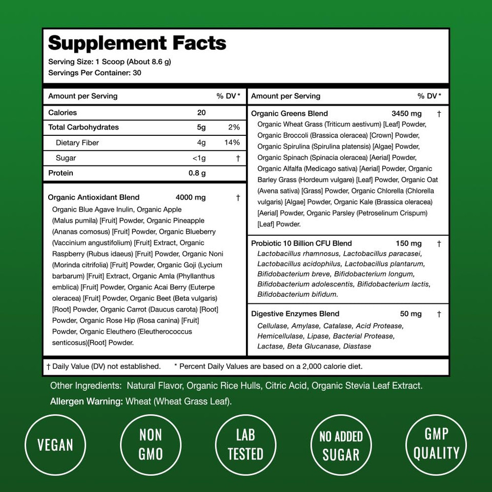 Nutrachamps Super Greens Powder Premium Superfood | 20+ Organic Green Veggie Whole Foods | Wheat Grass, Spirulina, Chlorella & More | Antioxidant, Digestive Enzyme & Probiotic Blends