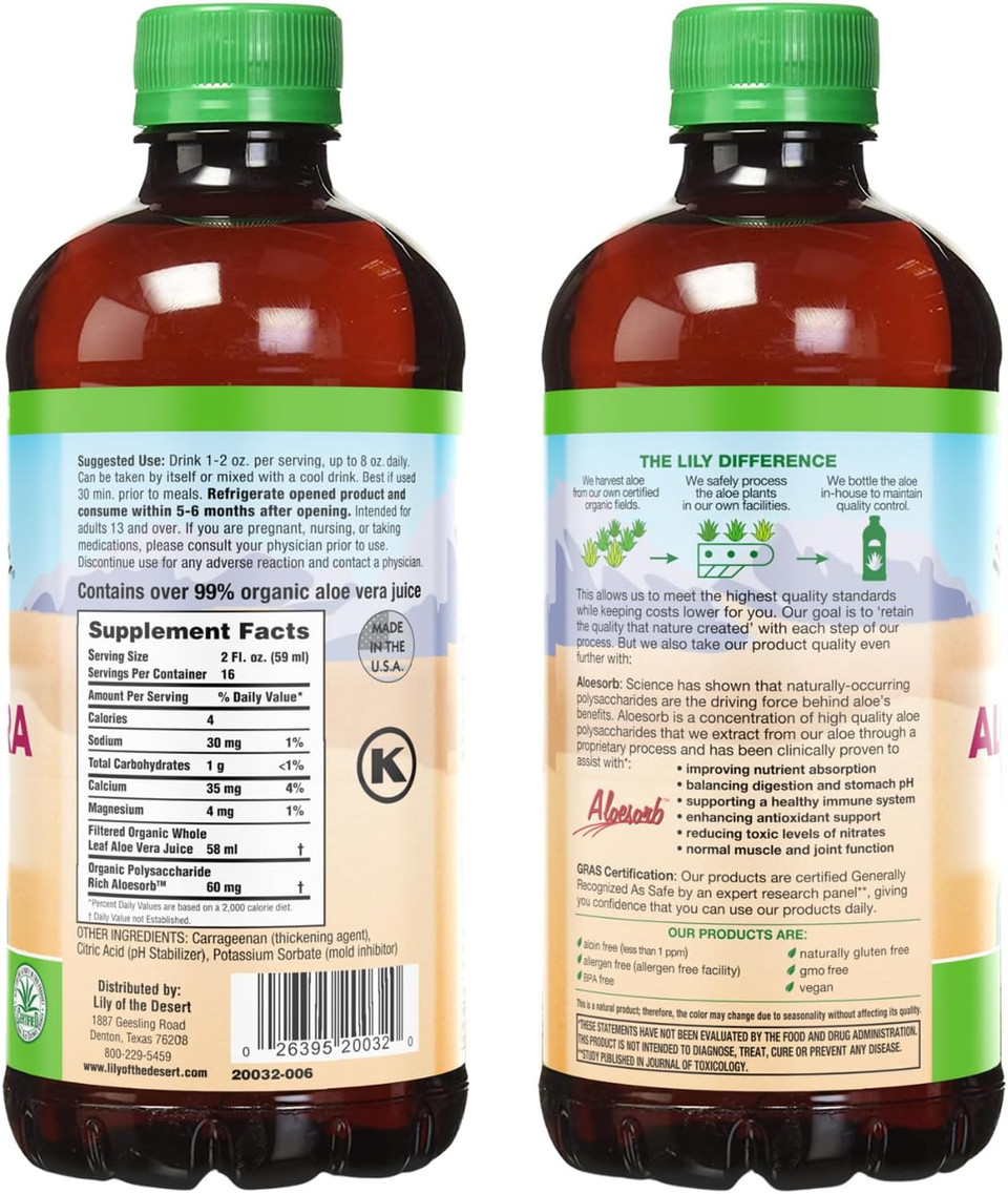 Lily Of The Desert Aloe Vera Gel, Preservative Free - Whole Leaf Filtered Thicker Consistency Aloe Vera Drink With Natural Vitamins, Digestive Enzymes For Gut Health, Wellness, Glowing Skin, 32 Fl Oz32 Fl Oz (Pack Of 1)
