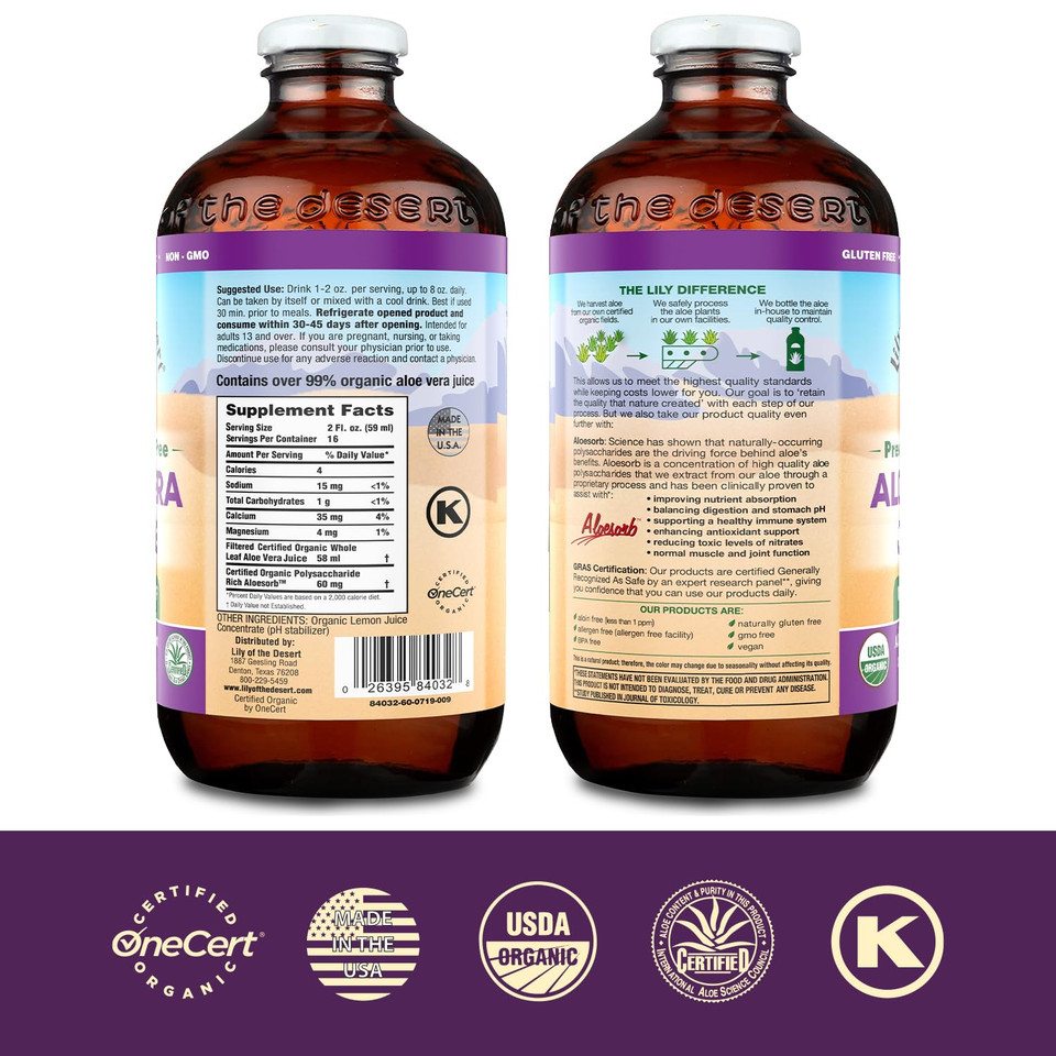 Lily Of The Desert Aloe Vera Juice, Preservative Free - Whole Leaf Filtered Aloe Vera Drink, Usda-Certified Organic Aloe Juice For Gut Health, Wellness, Glowing Skin, 32 Fl Oz