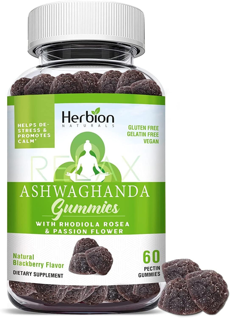Herbion Naturals Ashwagandha Gummies With Herbal Blend, Helps De-Stress & Promote Calm*, Natural Blackberry Flavor, Gluten-Free, 60 Pectin Gummies, Vegan, Made In Usa