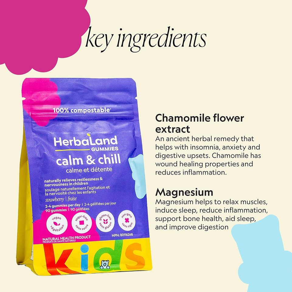Herbaland Vegan Calm & Chill Gummies For Kids - Contains A Calming Blend Of Magnesium And Chamomile, Chewable, Sugar-Free & Gluten-Free - Strawberry Chamomile Flavor, 90 Count, Compostable Pouch