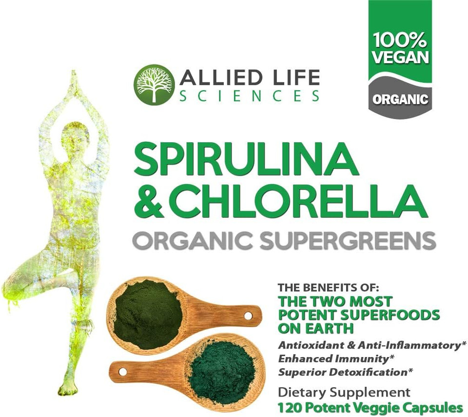 Allied Life Spirulina And Chlorella | Organic Chlorophyll Vegan Protein Powder Green Superfood | 120 Capsules