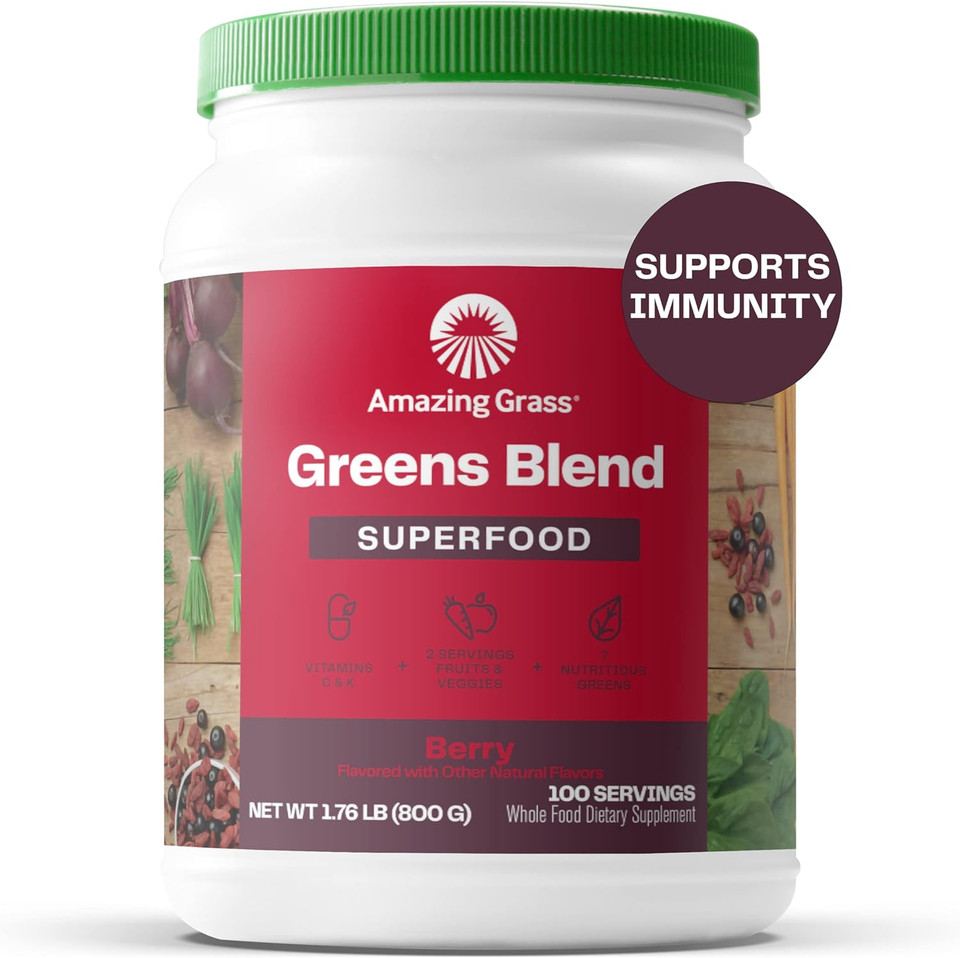 Amazing Grass Greens Blend Superfood: Super Greens Powder Smoothie Mix With Organic Spirulina, Chlorella, Beet Root Powder, Digestive Enzymes & Probiotics, Berry, 100 Servings