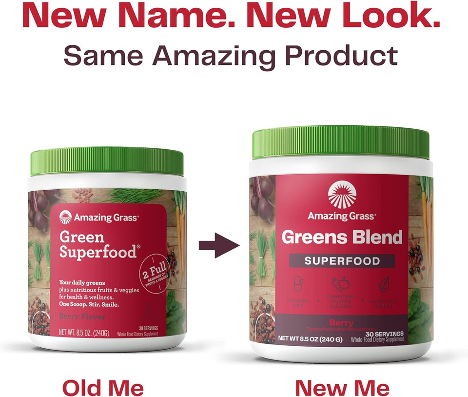 Amazing Grass Greens Blend Superfood: Super Greens Powder Smoothie Mix With Organic Spirulina, Chlorella, Beet Root Powder, Digestive Enzymes & Probiotics, Berry, 100 Servings