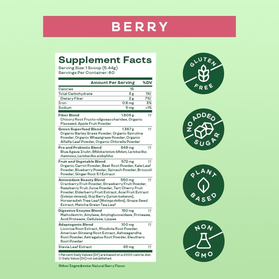 Bloom Nutrition Super Greens Powder Smoothie & Juice Mix - Probiotics For Digestive Health & Bloating Relief For Women, Digestive Enzymes With Superfoods Spirulina & Chlorella For Gut Health (Berry)60 Servings (Pack Of 1)