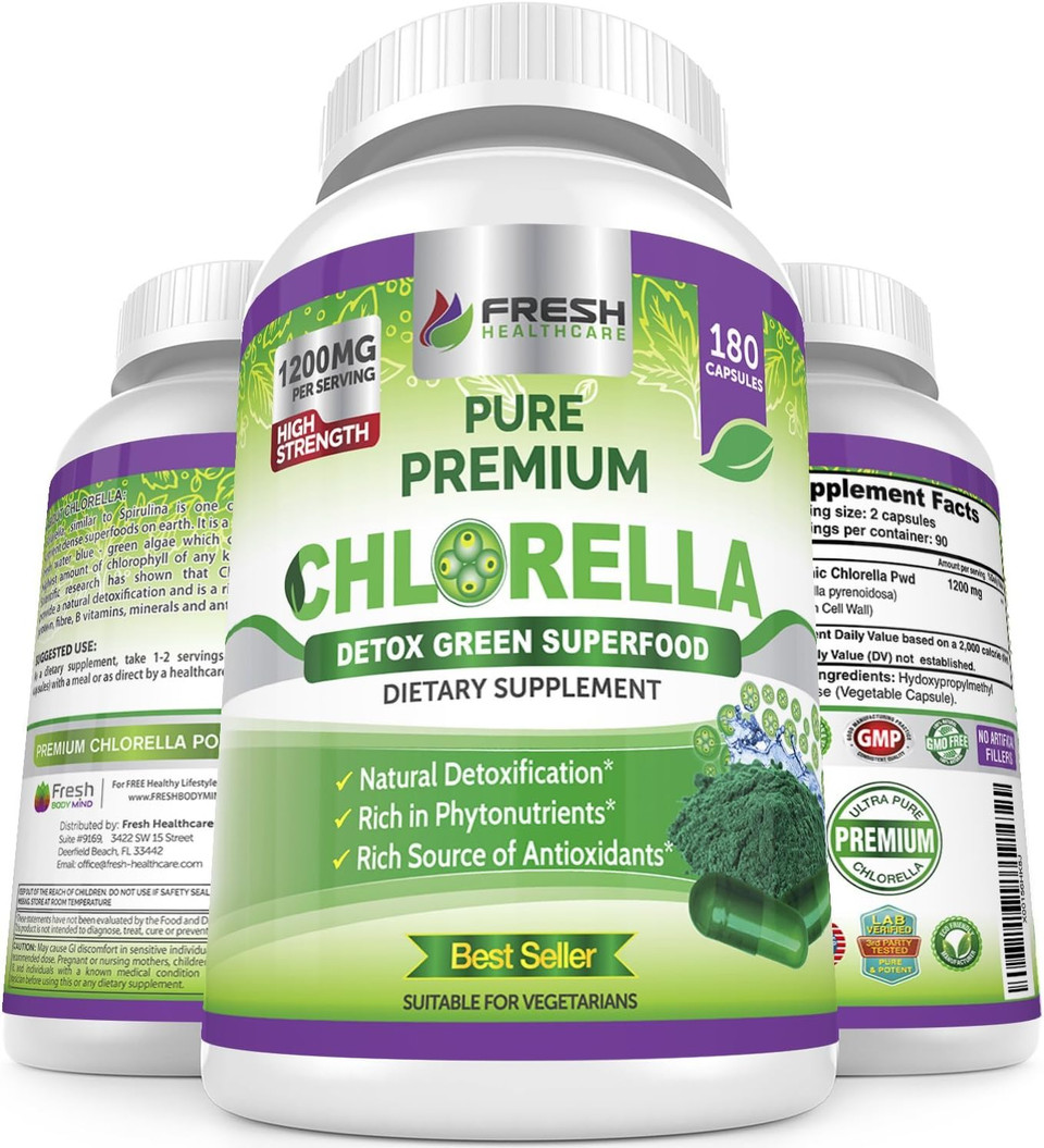 Fresh Healthcare Premium Chlorella Supplement, 1200Mg Pure Vegan Powder Capsules, 180 Chlorophyll And Cfg Pills, Natural Detox Superfood, Naturally Contains B Vitamins And Minerals