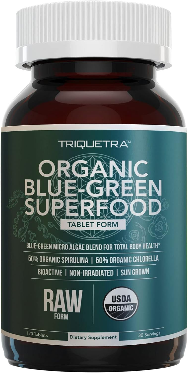 Organic Spirulina & Chlorella Tablets  4 Organic Certifications, Raw, Non-Irradiated  50/50 Blue Green Algae Blend  Antioxidant Content Equal To 5 Servings Of Vegetables (120 Tablets)
