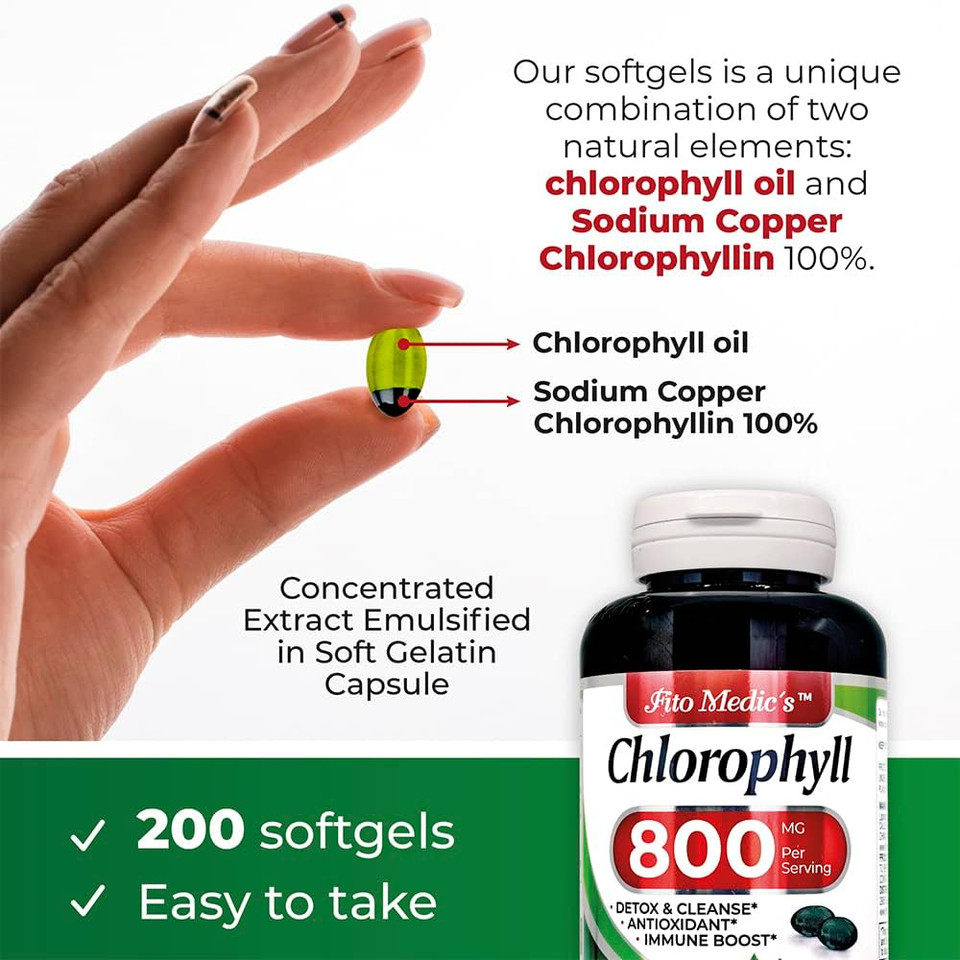 Fito Medic'S Lab - Chlorophyll - Pure - 800 Mg Per Serving- 200 Softgels - Chlorophyll Capsules -Detox Cleanse, Greens Supplements- Chlorophyll Pills - Ultra High Absorption