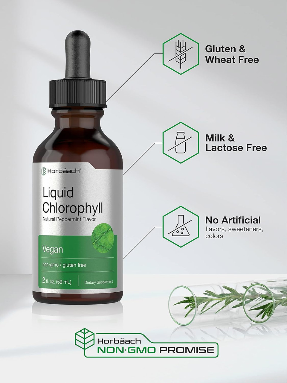 Liquid Chlorophyll Drops | 2 Oz | Vegan, Non-Gmo, And Gluten Free Formula | Natural Peppermint Flavor | By Horbaach