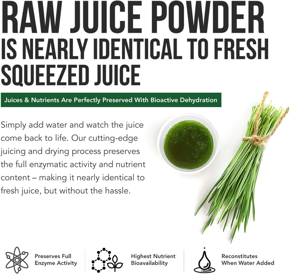 Organic Wheatgrass Juice Powder - Organic Lemon Flavor Grown In Volcanic Soil Of Utah - Raw & Bioactive Form, Cold-Pressed Then Co2 Dried | 20:1 Super Concentrate (6.2 Oz  50 Servings)