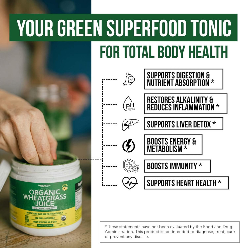 Organic Wheatgrass Juice Powder - Organic Lemon Flavor Grown In Volcanic Soil Of Utah - Raw & Bioactive Form, Cold-Pressed Then Co2 Dried | 20:1 Super Concentrate (6.2 Oz  50 Servings)