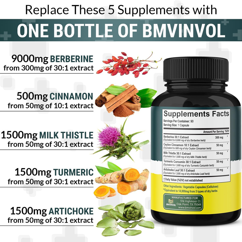 5-In-1 Berberine 14000Mg With Ceylon Cinnamon Milk Thistle Turmeric Artichoke - 30:1 Concentrated Formula Berberine - 3 Month Supply For High Potency - Immune Heart Support